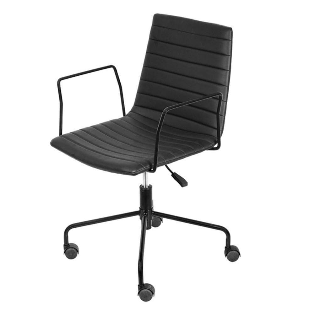 Cadeira Escritório Giratória Baixa Lima Or Design Em Pu Preto Base Aço Preto Rodízio Nylon