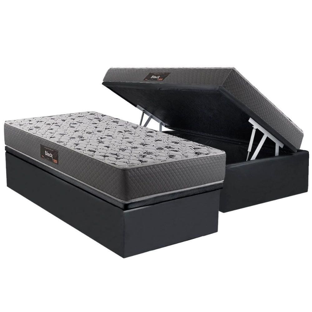 Cama Box Baú Solteiro: Colchão Ortopédico Herval D28 - Ag65 Black + Base Crc Suede Gray (88x188)