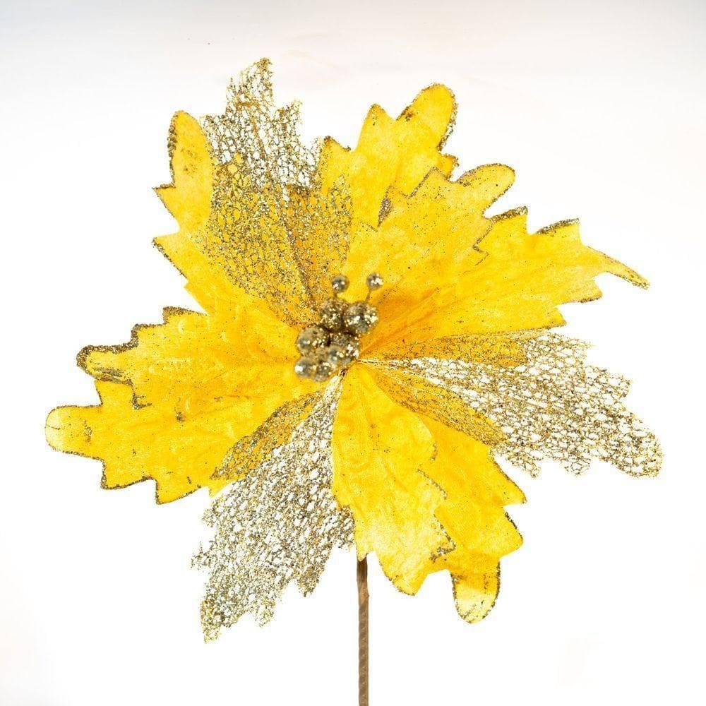 Kit 2 Flores Decoração Natal Artificial Brilho Amarela 30cm