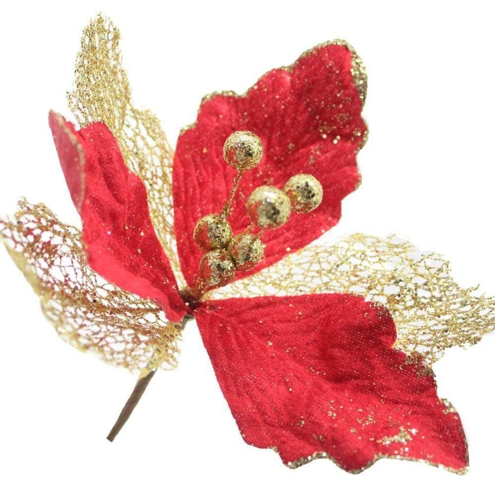 Kit 10 Flores Com Cabo Artificial Decoração De Natal Com Glitter 27cm