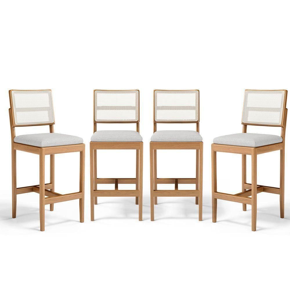 Kit Com 4 Banquetas Milena Madeira Maciça Assento Estofado Encosto De Tela Sintética Linho Cinza 407