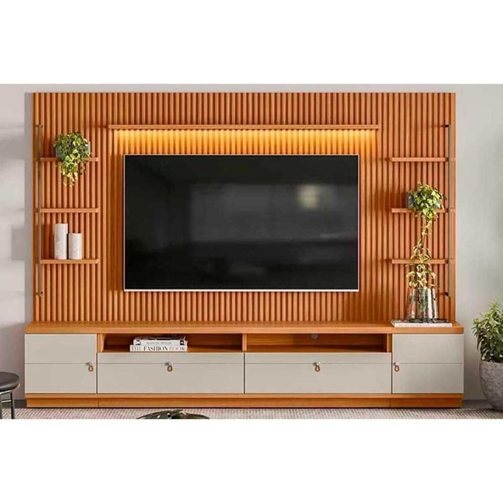 Estante P- Sala Até 75 Pol Ouro Preto Ripado C- 2gav. 2ptas. 4prat. E Leds 224x198cm Nature-off White - Linea