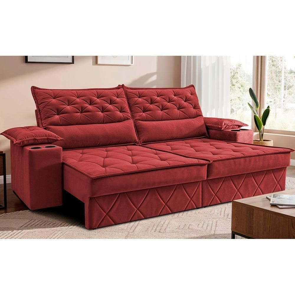 Sofá Retrátil E Reclinável 2,40m Com Porta Copos E Molas Cosmos. Velusoft Cama Inbox Vermelho