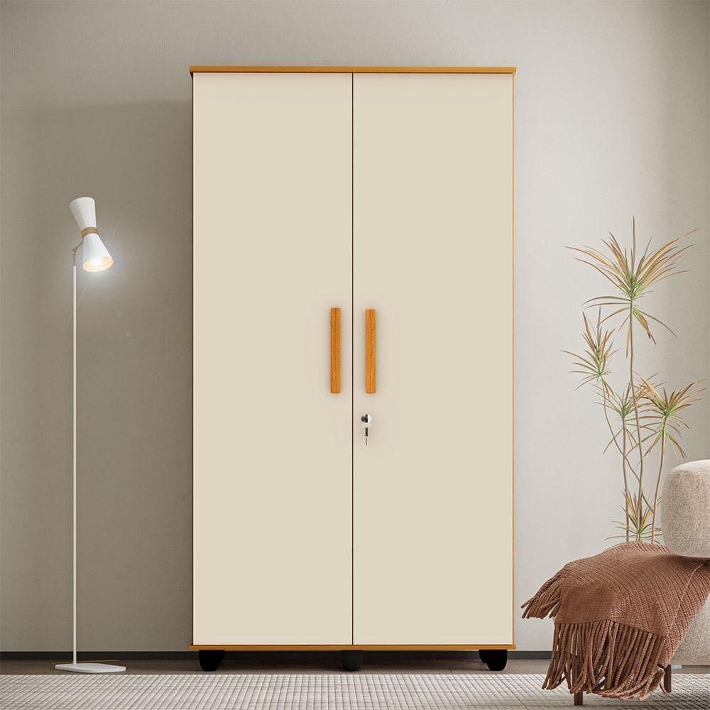 Guarda Roupa Solteiro Multiuso Sem Gaveta Reforçado Ouro Fechadura Com Chave Nature / Off White