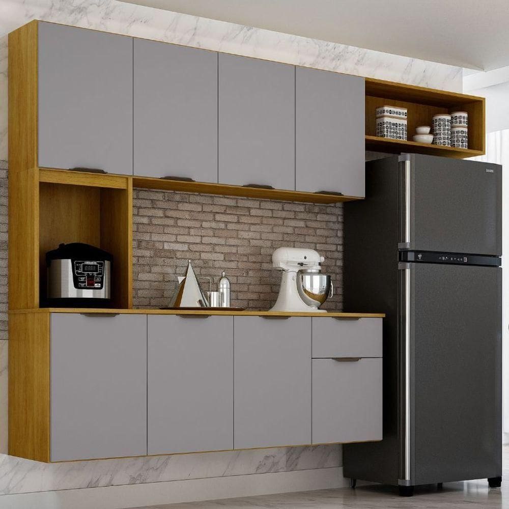 Armário De Cozinha Suspenso Completo Aéreo 8 Portas 1 Gaveta Mdp Compacto Espaço Cinza