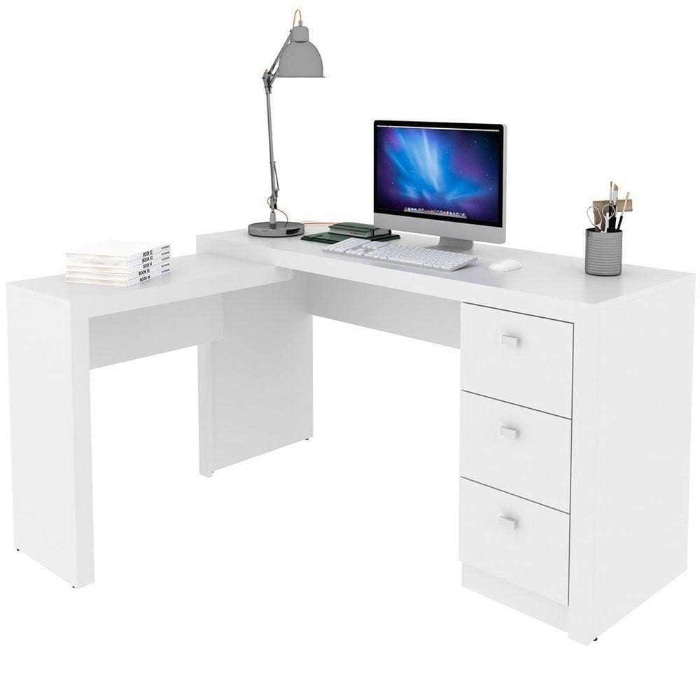 Mesa De Canto Para Escritório Em L Angular Com 3 Gavetas Branco