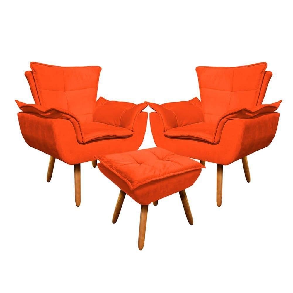 Kit 02 Poltronas Opala Com 01 Puff Opala Suede Pés Palito Castanho DRossi Laranja