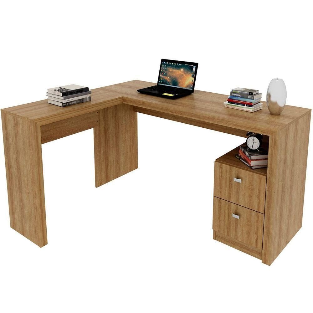 Mesa De Canto Para Escritório Em L Angular Com 2 Gavetas Amêndoa