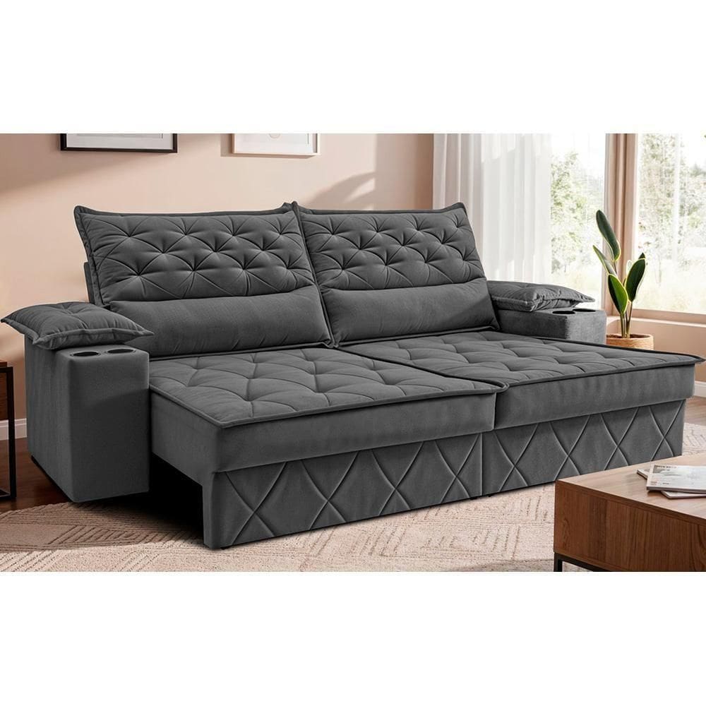 Sofá Retrátil E Reclinável 2,40m Com Porta Copos E Molas Cosmos. Velusoft Cama Inbox Cinza