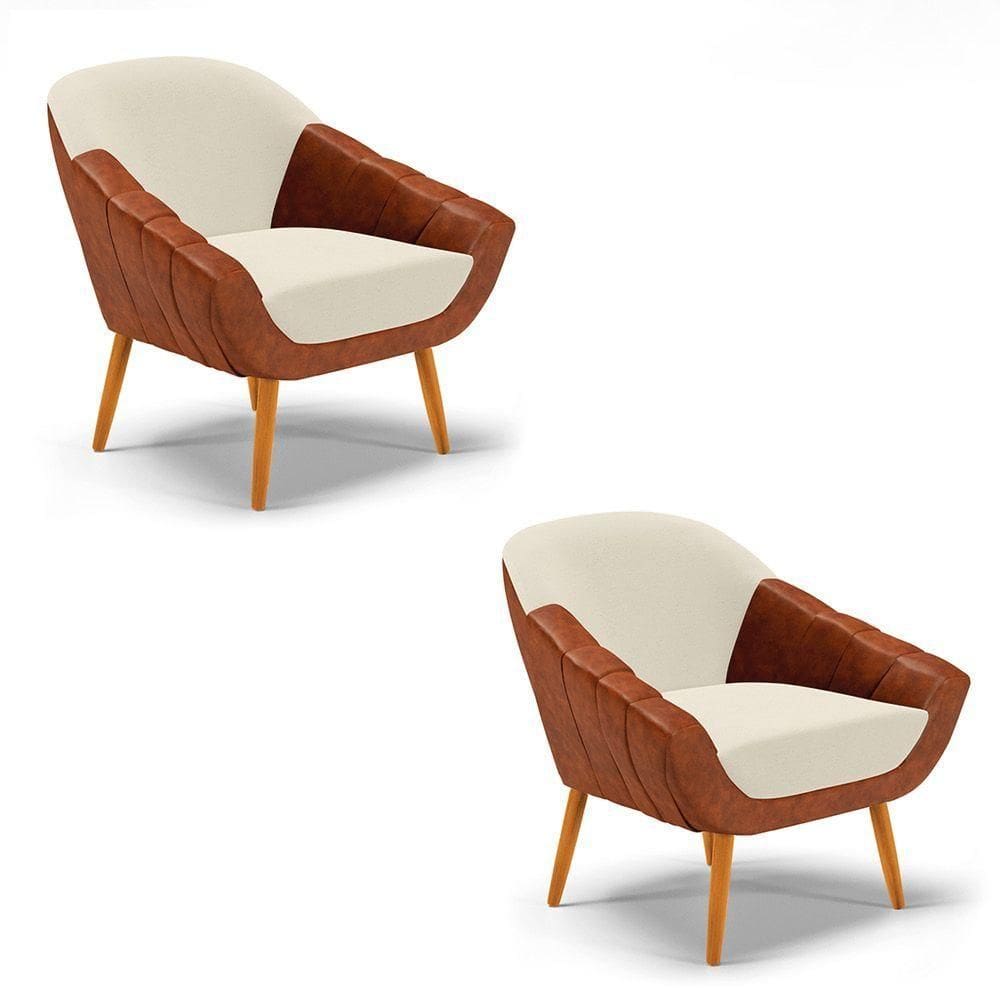 Poltrona Sala De Estar Pé Palito Castanho Kit 2 Giovana Nozes/linho Bege D01 - D`rossi