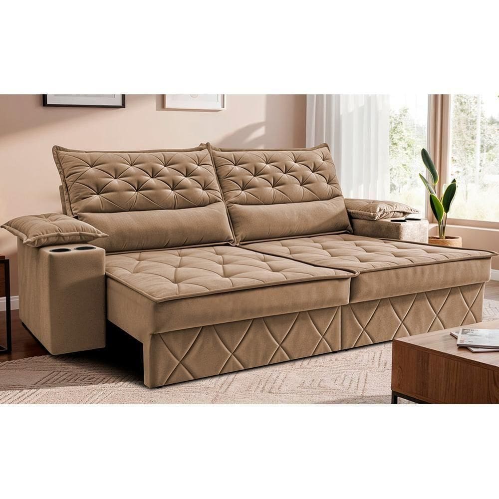 Sofá Retrátil E Reclinável 2,10m Com Porta Copos E Molas Cosmos. Velusoft Cama Inbox Bege