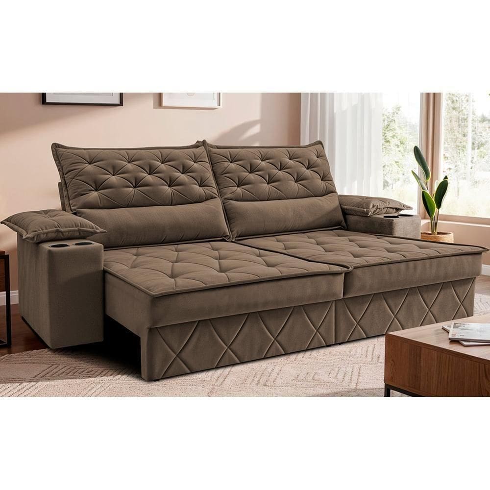 Sofá Retrátil E Reclinável 2,40m Com Porta Copos E Molas Cosmos. Velusoft Cama Inbox Castor