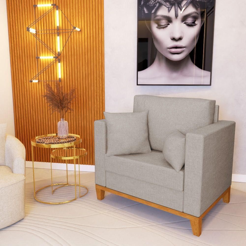 Poltrona Beny Amamentação Com 2 Almofadas Base Em Madeira Maciça Tecido Linho Bege