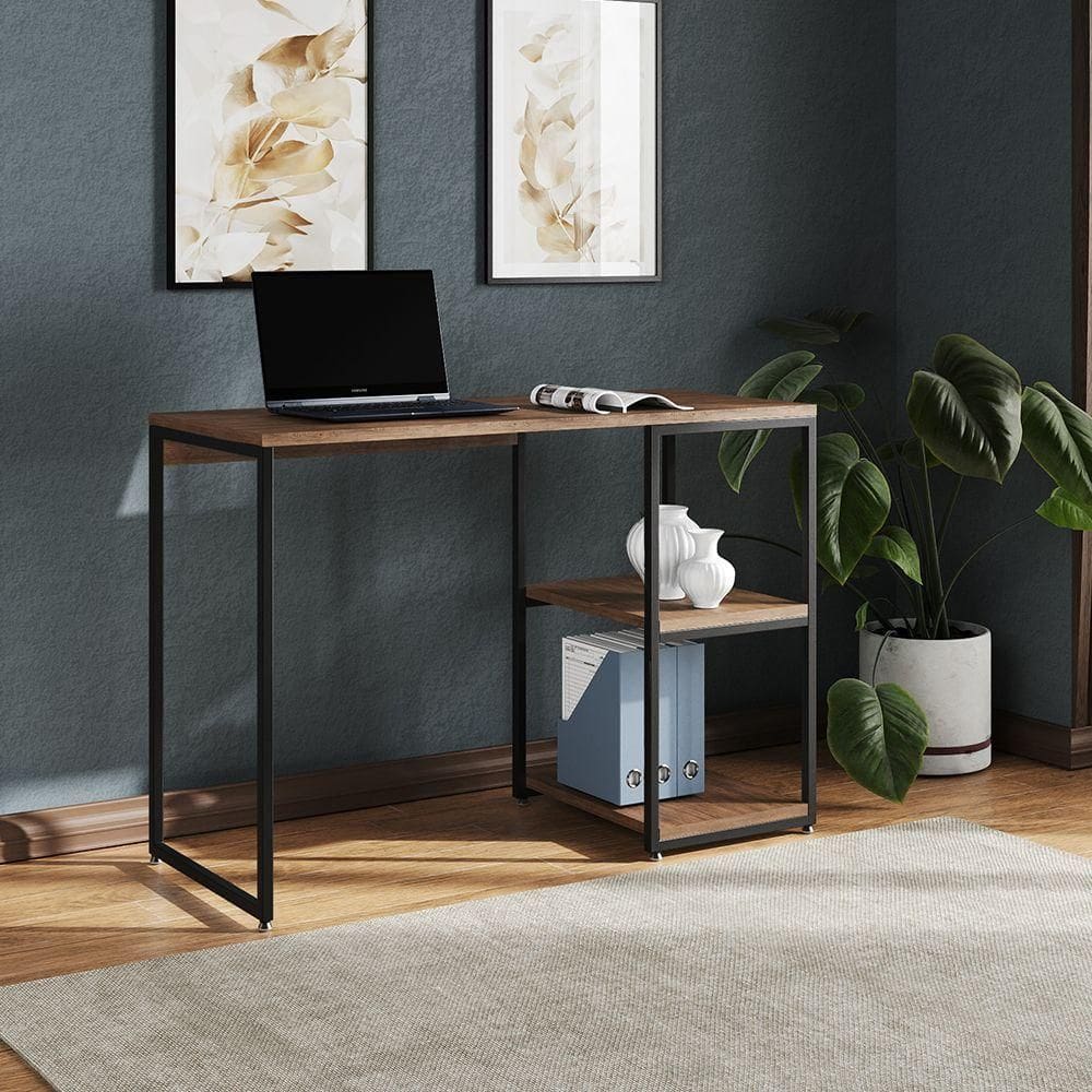 Mesa Escritório Berlim Industrial Com Prateleira Ferro Preto Tampo 110x46 Amêndoa