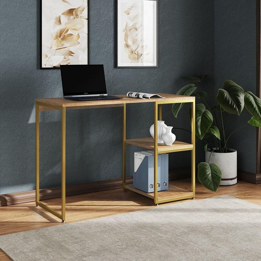 Mesa Escritório Berlim Industrial Com Prateleira Ferro Dourado Tampo 110x46 Freijó