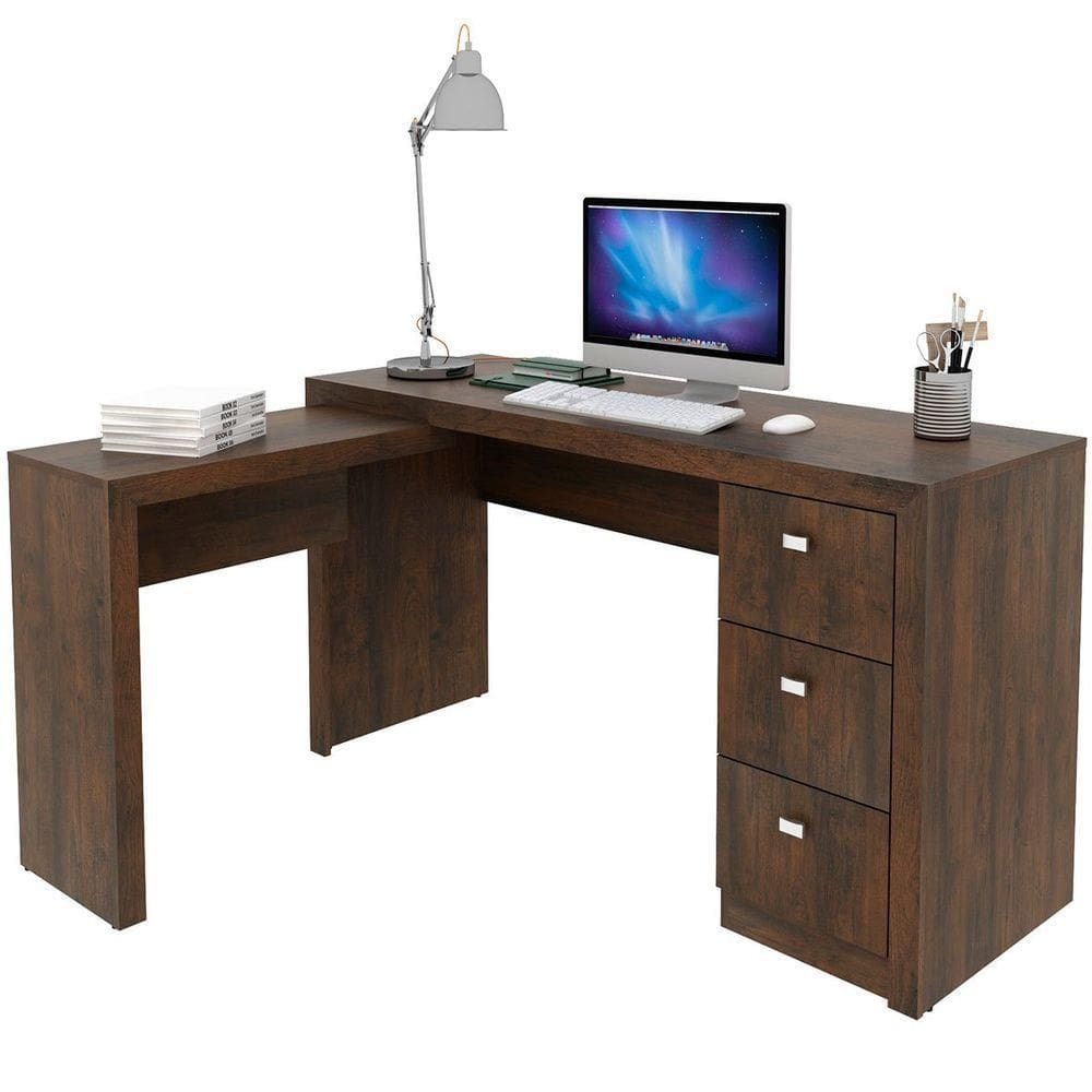 Mesa De Canto Para Escritório Em L Angular Com 3 Gavetas Rústico