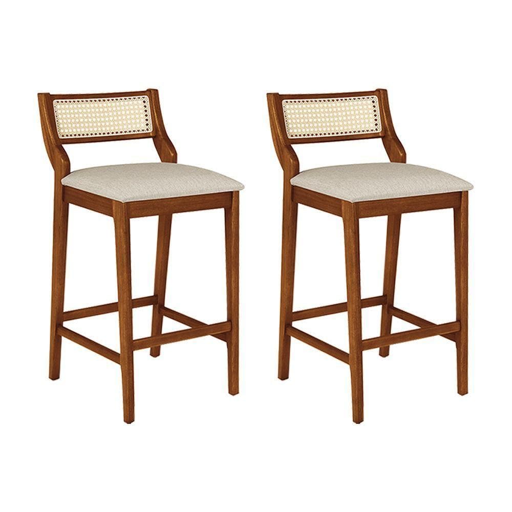 Conjunto 2 Banquetas Lagum Jequitibá Natural Assento Linho Bege Premium Palha Sextavada