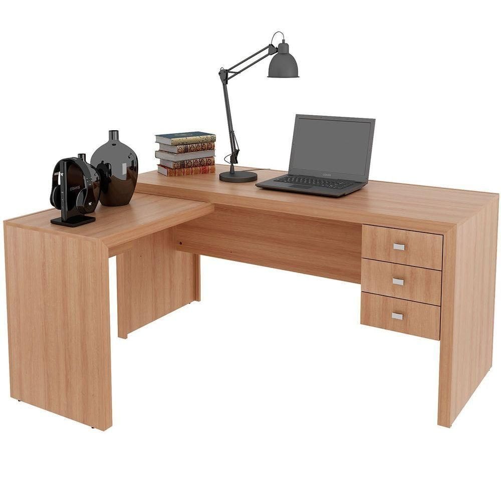 Mesa De Canto Para Escritório Em L Angular Com 3 Gavetas Amêndoa