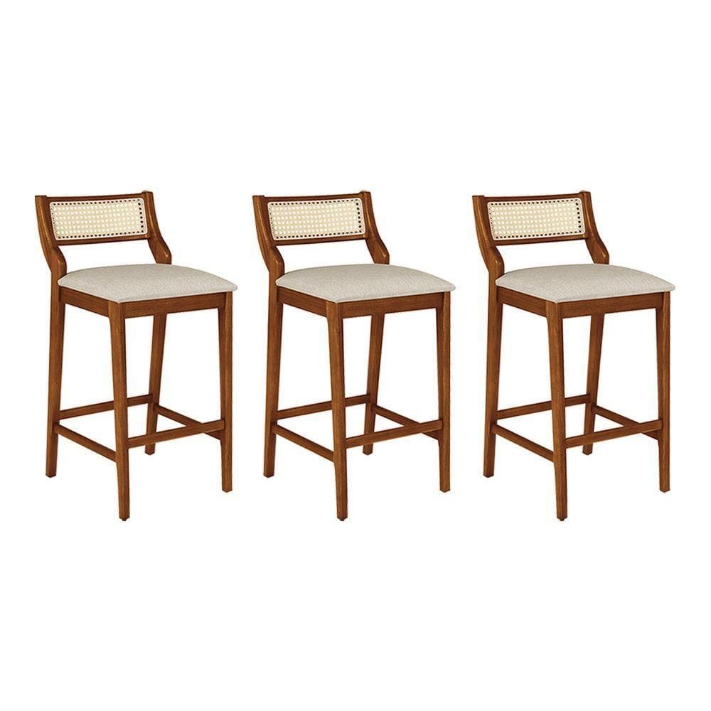 Conjunto 3 Banquetas Lagum Jequitibá Natural Assento Linho Bege Palha Sextavada