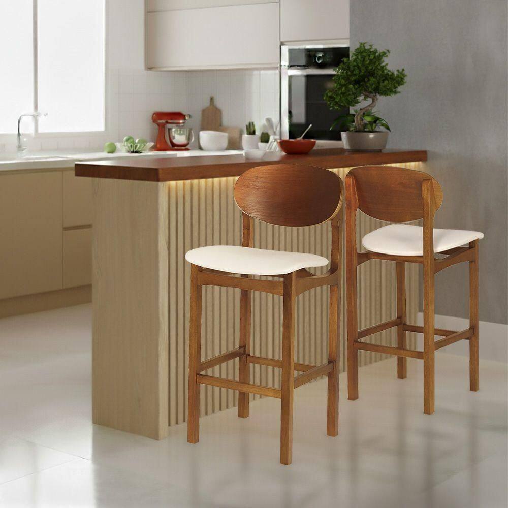 Banqueta Samba Jequitibá Nozes Madeira Maciça Estrutura Premium Corino Bege