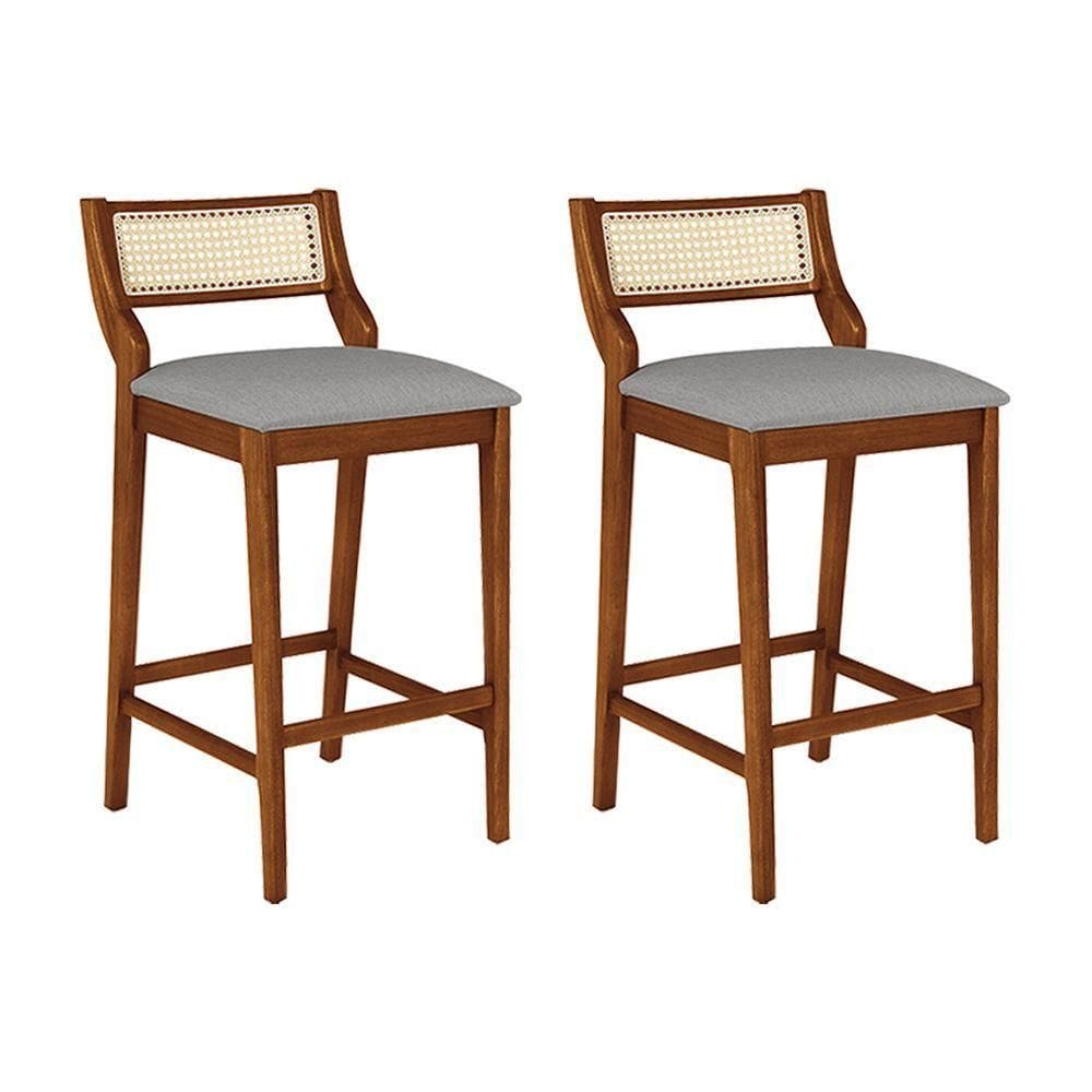 Conjunto 2 Banquetas Lagum Jequitibá Natural Assento Linho Cinza Premium Palha Sextavada