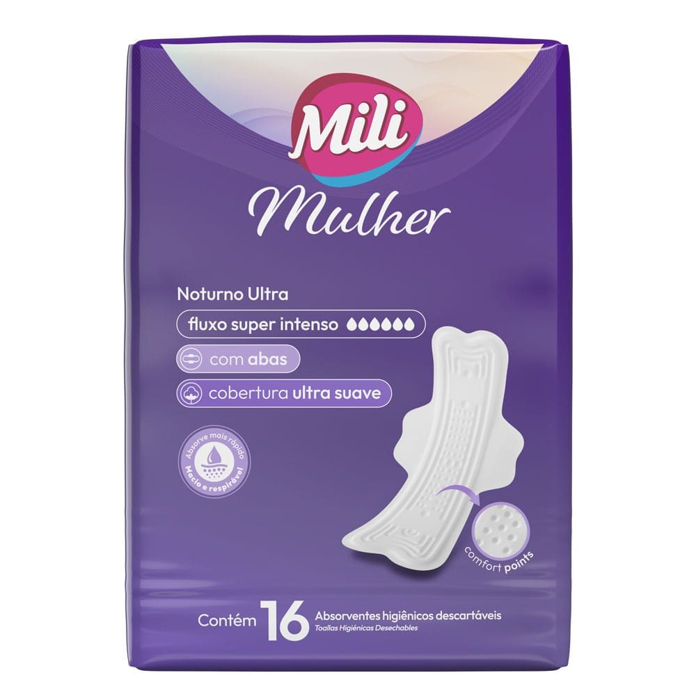 Absorvente Mili Mulher Noturno Discreto Fluxo Super Intenso Ultra Suave com Abas 16 Unidades