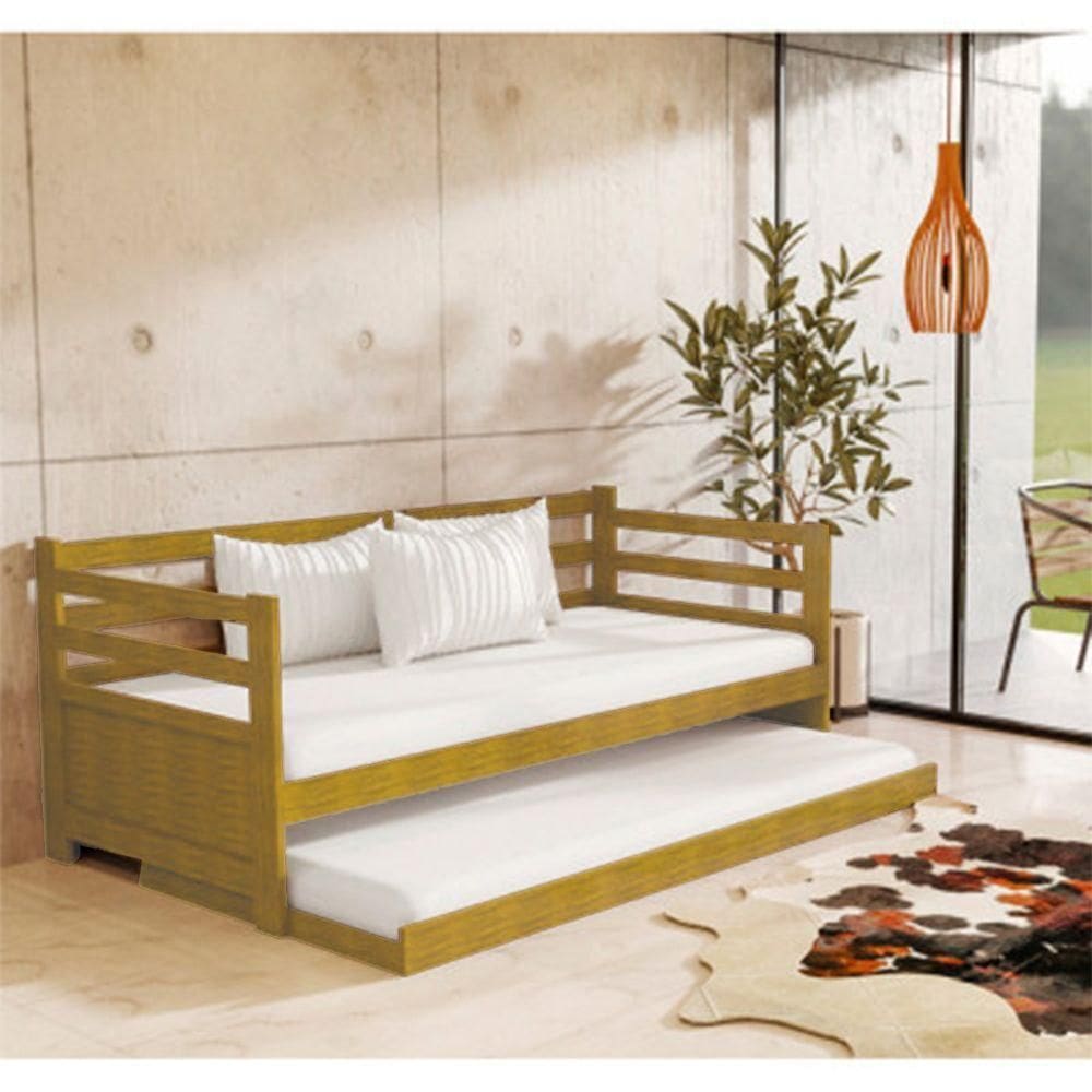 Sofá Cama Solteiro Em Madeira Com 2 Colchões Enjoy Rústico - Imbuia