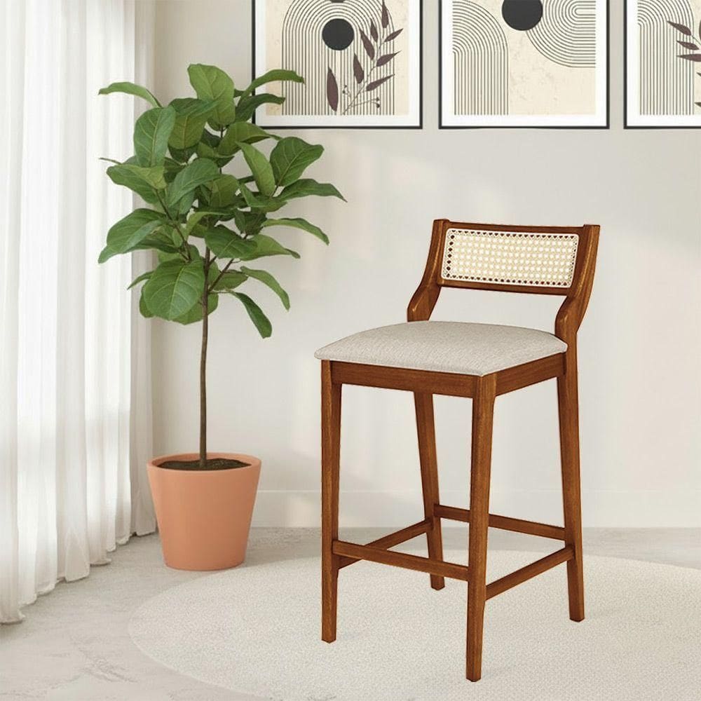 Banqueta Lagum Jequitibá Natural Assento Linho Bege Premium Palha Sextavada