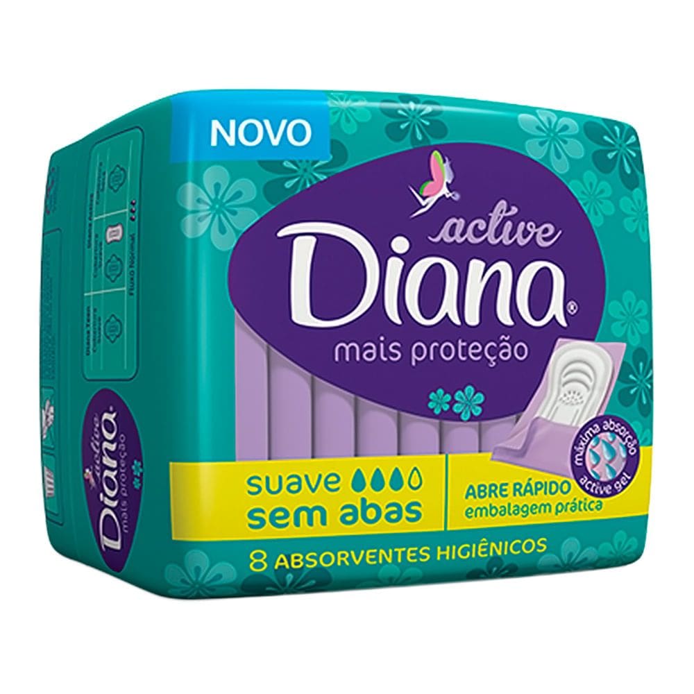 Absorvente Diana Active Cobertura Suave sem Abas com 8 Unidades