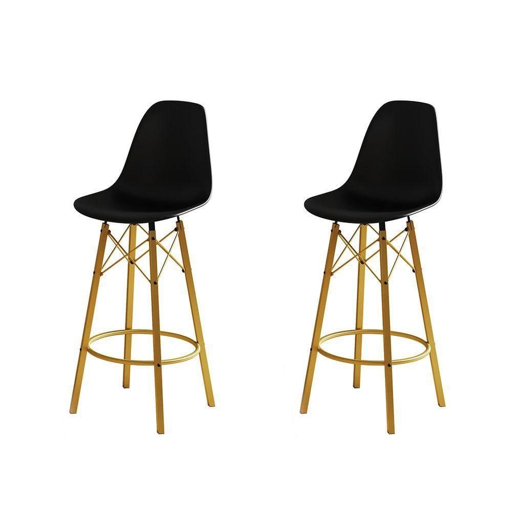 Conjunto 2 Banquetas Eames Design Moderno Tubo De Ferro Dourado Assento Preto