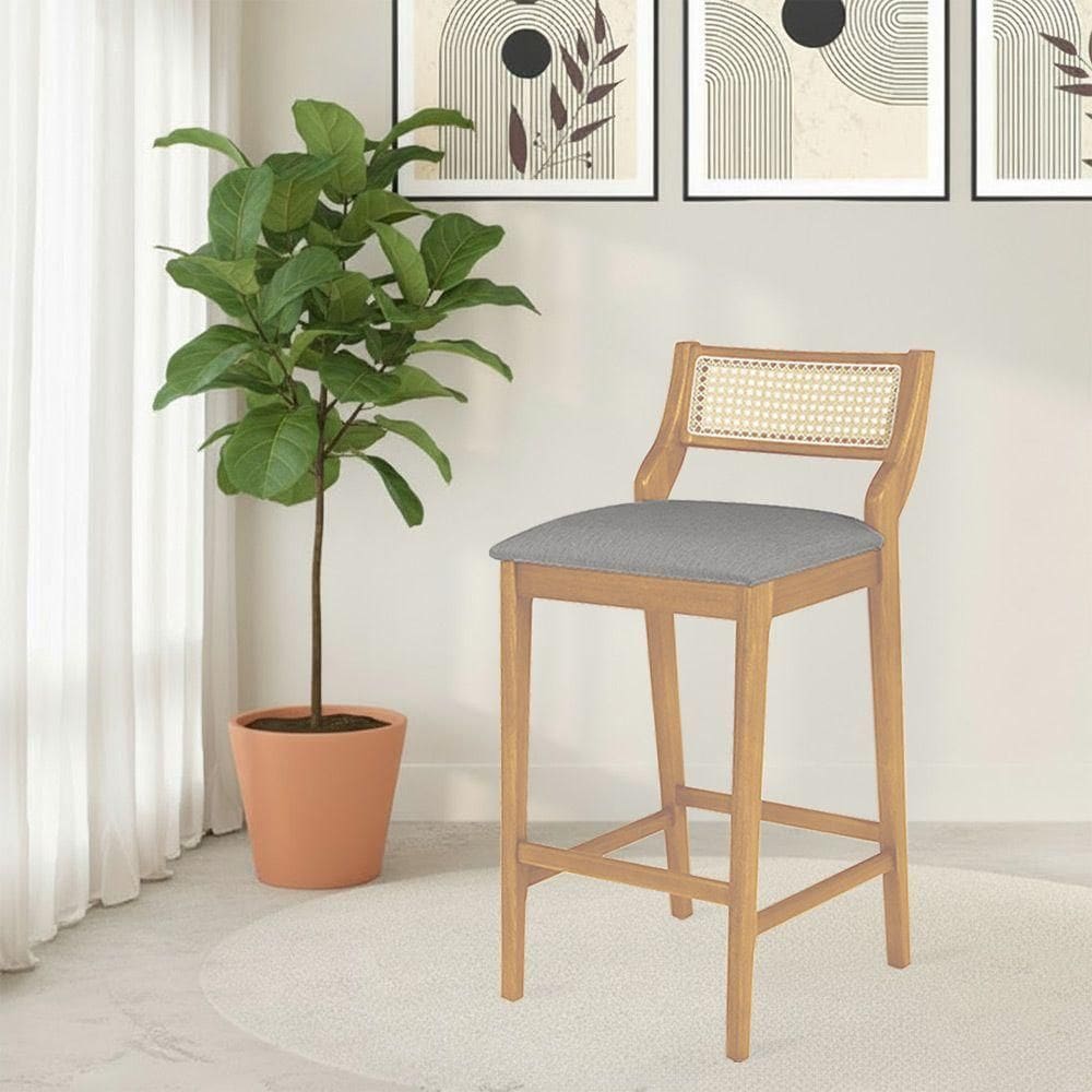 Banqueta Lagum Jequitibá Terra Assento Linho Bege Palha Sextavada