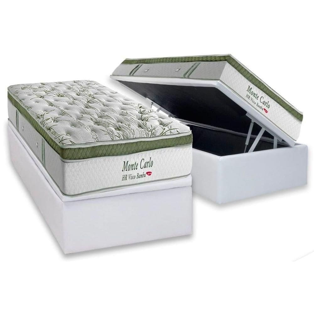 Cama Box Baú Solteiro: Colchão Molas Ensacadas Herval Monte Carlo Visco + Base Crc Linhão White (88x188)
