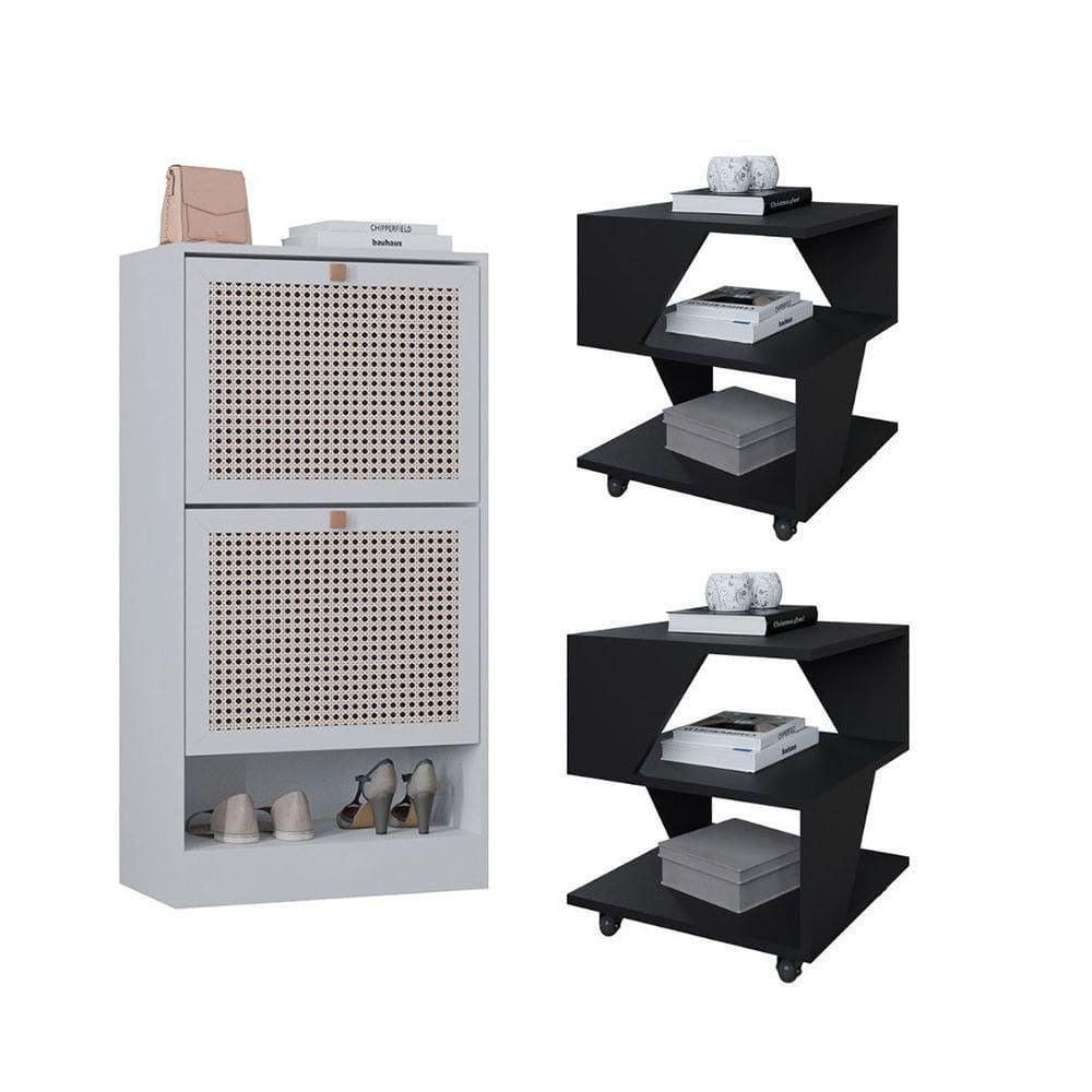 Kit Sapateira 2 Portas E 2 Mesas De Cabeceira/centro Poquema Preto/branco