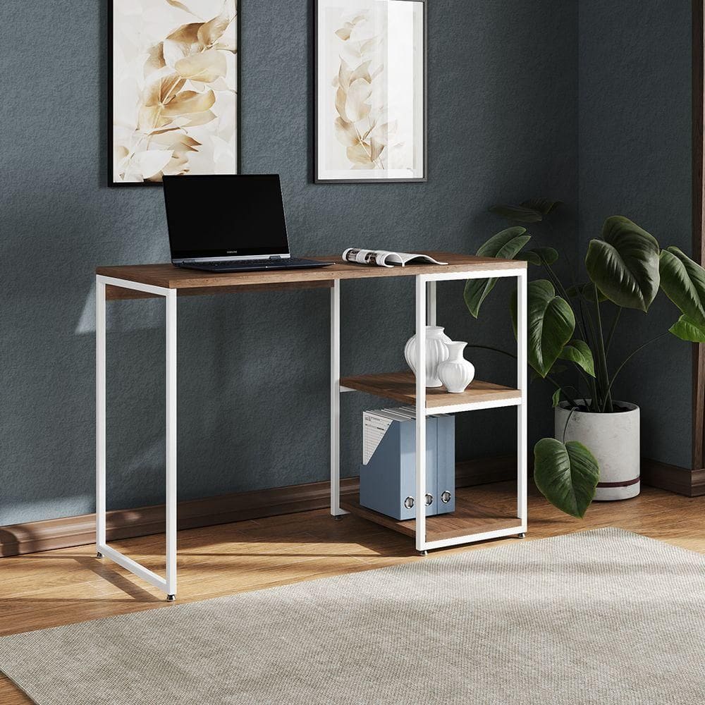 Mesa Escritório Berlim Industrial Com Prateleira Ferro Branco Tampo 110x46 Amêndoa