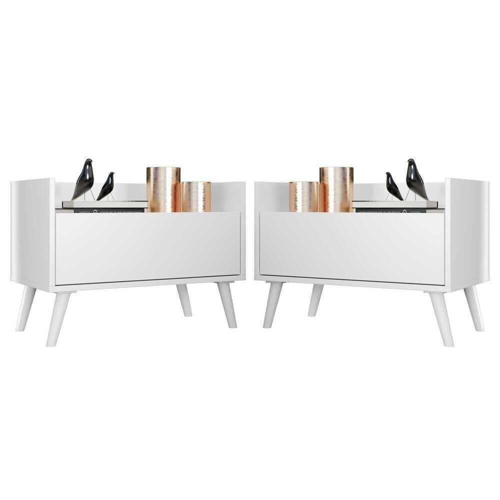 Kit Com 2 Mesas De Cabeceira 80Cm Retrô Multimóveis V4002 Branca Branco
