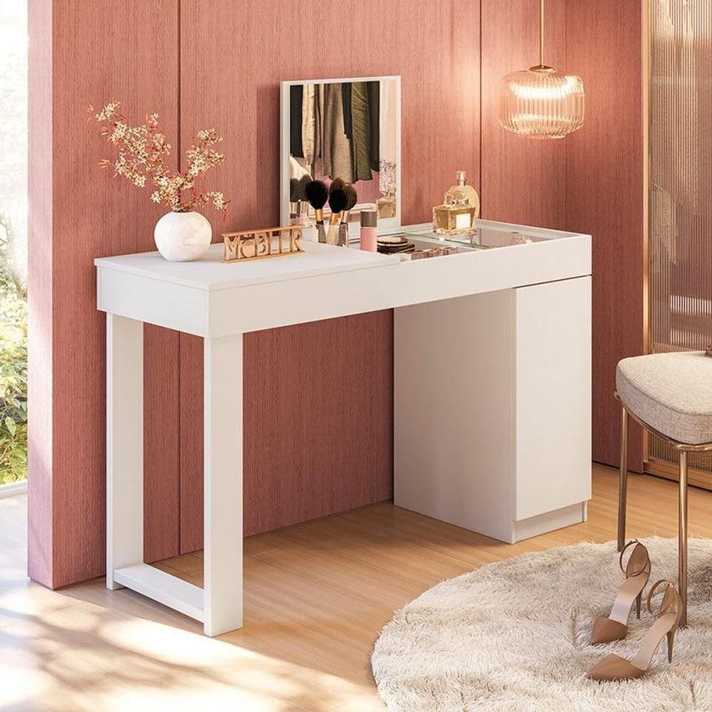 Escrivaninha Penteadeira Love Com Vidro De Correr Espelho Prateleira ? Design Moderno - Branco Fosco