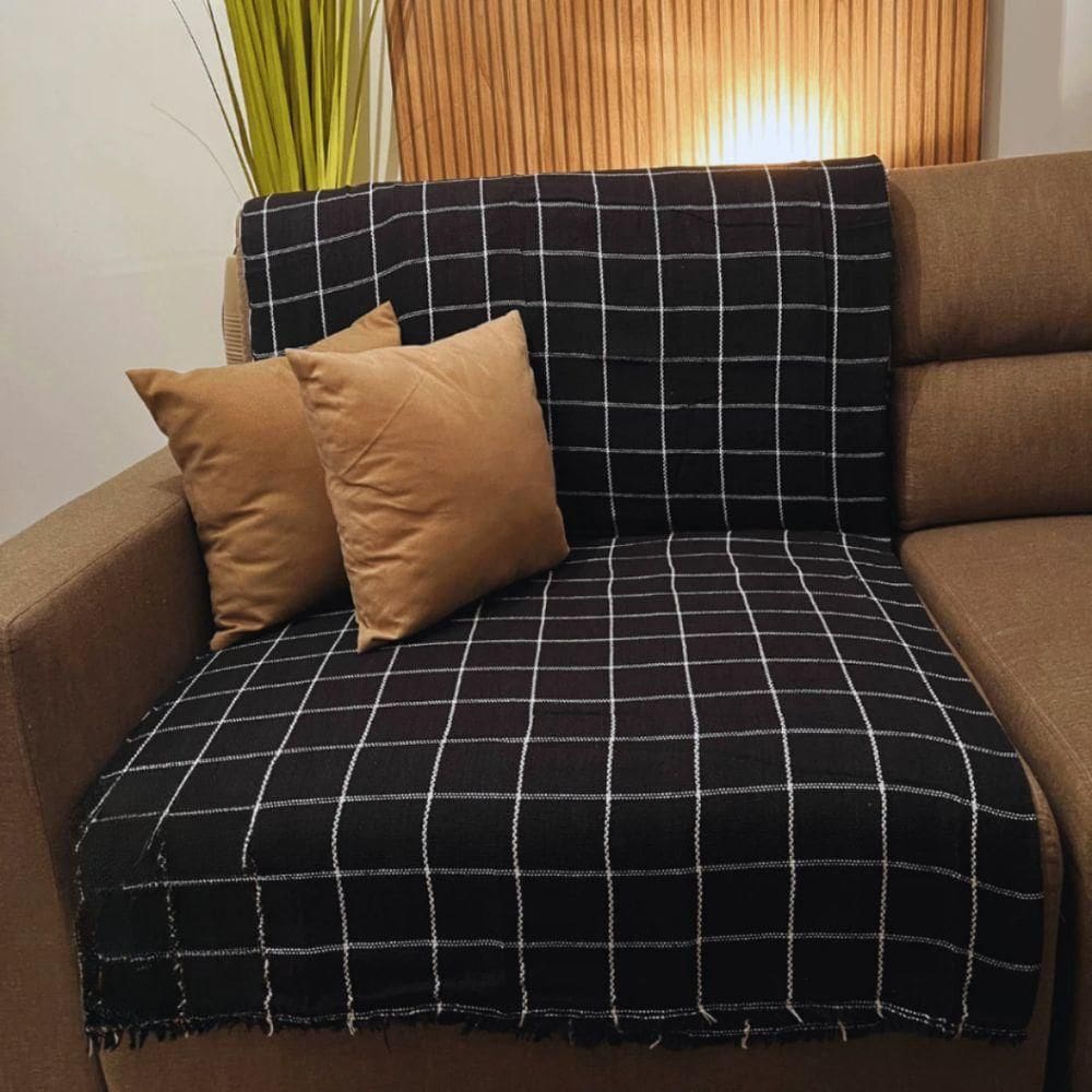 Manta Para Sofá E Cama Grande 2 E 3 Lugares 2,40x1,80 De Luxo Protetora De Sofa Gigante Listrada Preto Com Branco