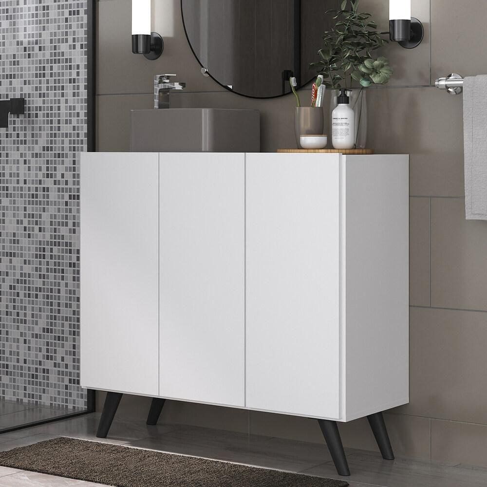 Gabinete Banheiro 3 Portas Retrô 90Cm Mp5030 Branco/Preto