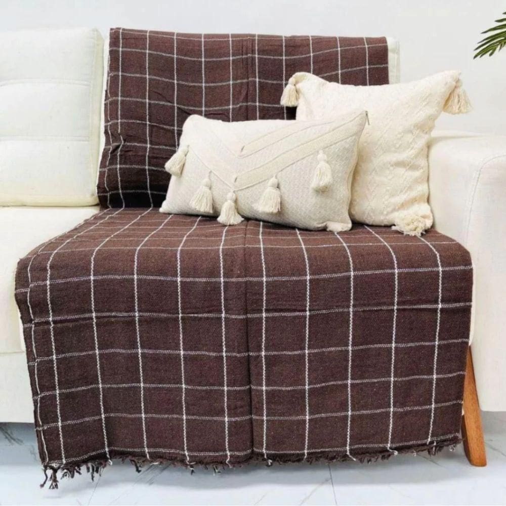 Manta Para Sofá E Cama Grande 2 E 3 Lugares 2,40x1,80 De Luxo Protetora De Sofa Gigante Listrada Marrom Com Branco
