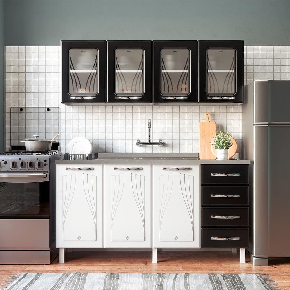 Armário De Cozinha De Aço Star 2 Peças Com Vidro E Balcão Para Pia – Branco/preto Branco Com Preto