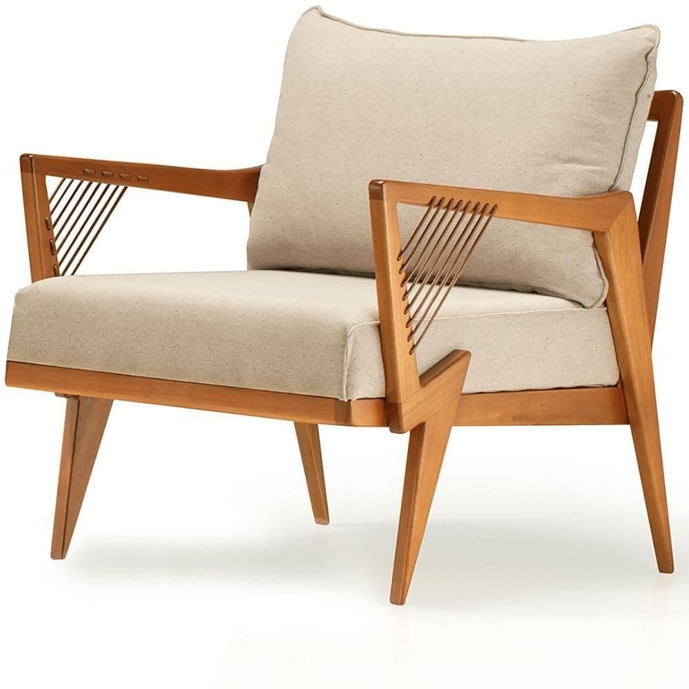 Poltrona Com Braços Alva Ozki Madeira Eucalipto Cedro Tecido Bege Corda Couro Reconstituído