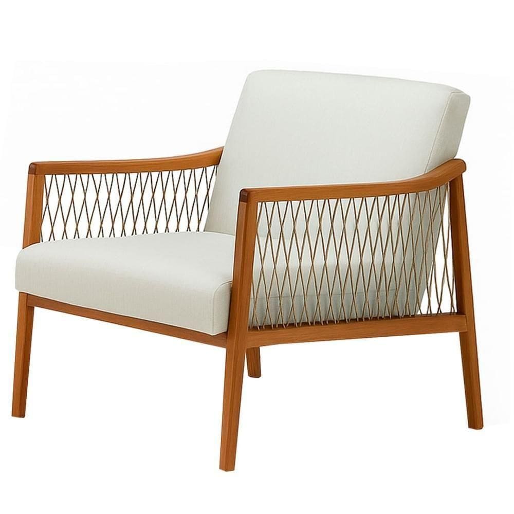 Poltrona Com Braço Acaé 76 Cm (largura) Ozki Madeira Eucalipto Cedro Tecido Bege C Corda Canela
