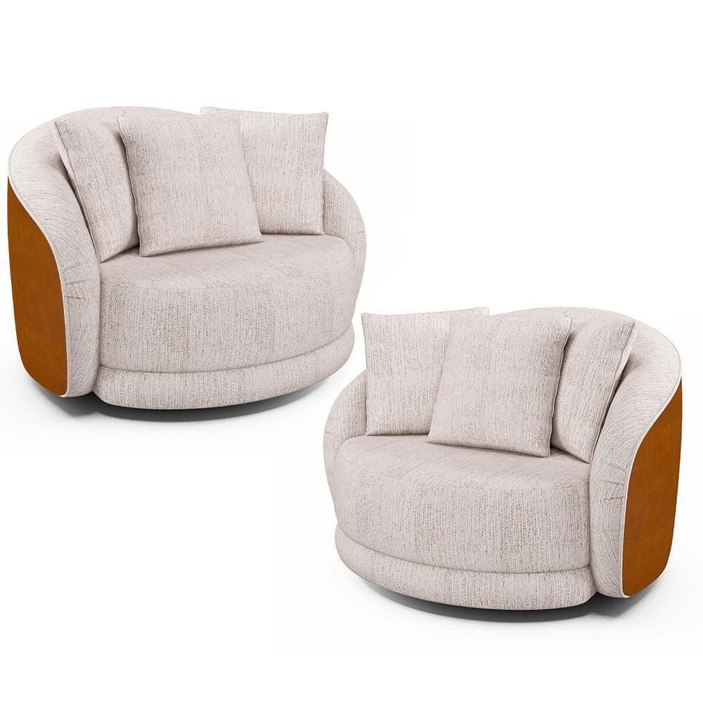 Kit 2 Poltronas Decorativa Giratória Para Sala Kaly M22 Sintético Caramelo/linho Bege - Mpozenato