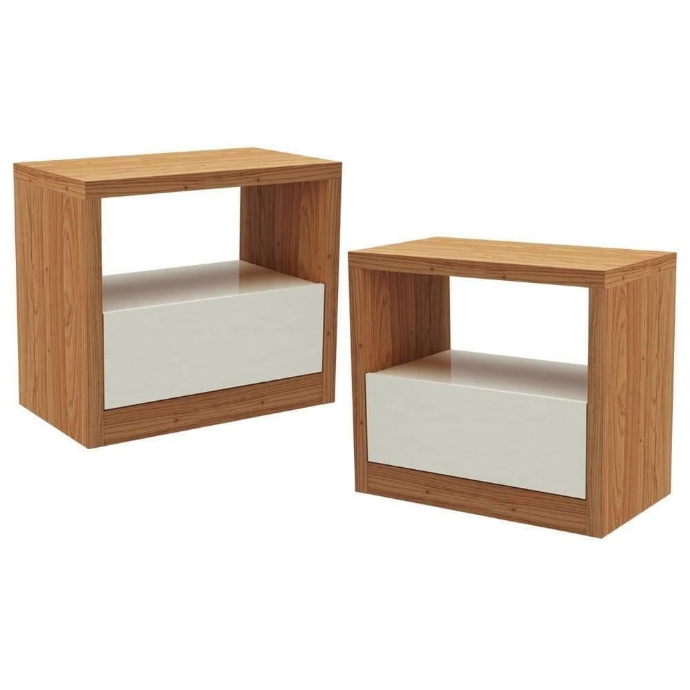 Kit 02 Mesas De Cabeceira Moderna 1 Gaveta Cameron D03 Freijó Off White - Lyam Decor