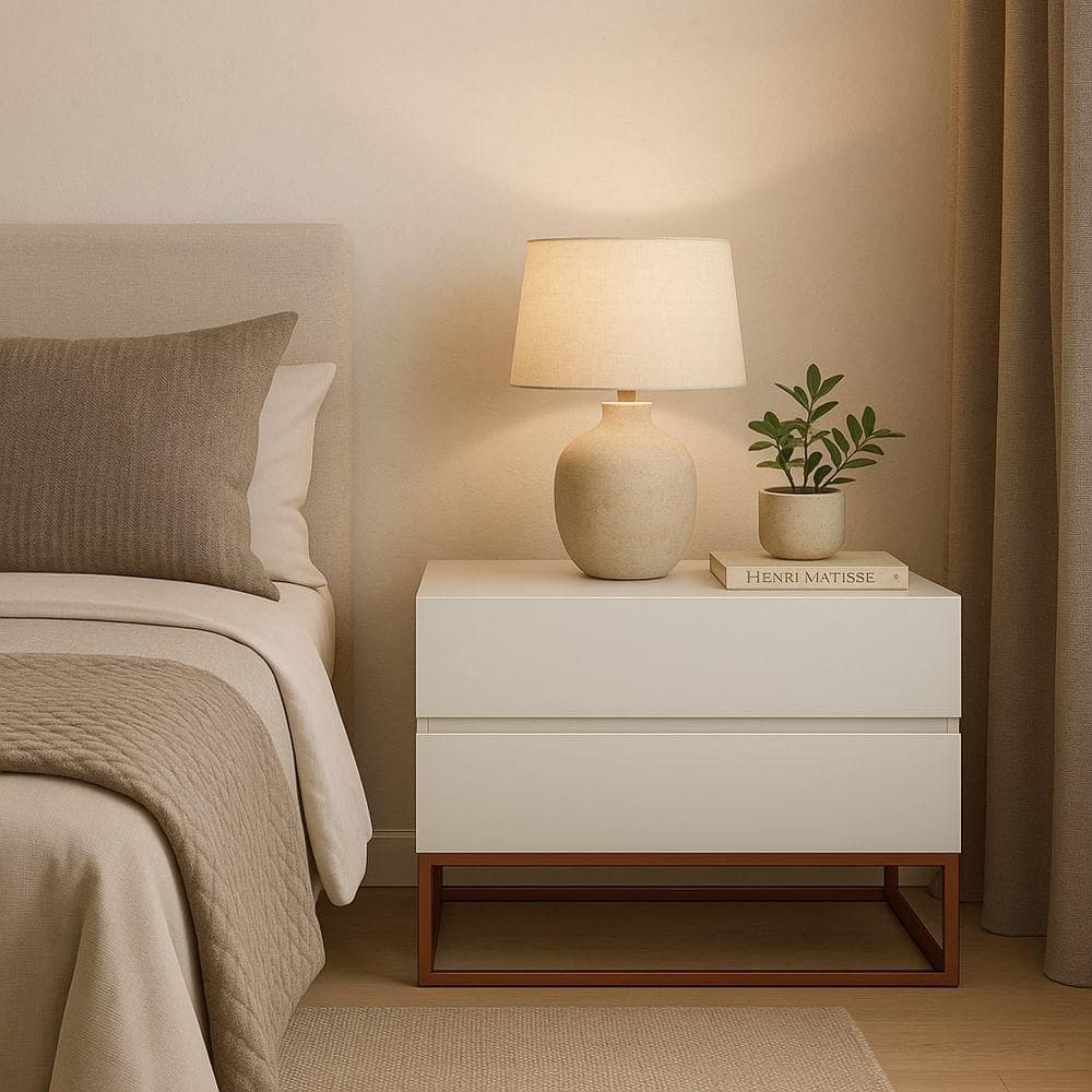 Mesa De Cabeceira Retrô Alto Padrão Com 2 Gavetas Base Cobre Off White