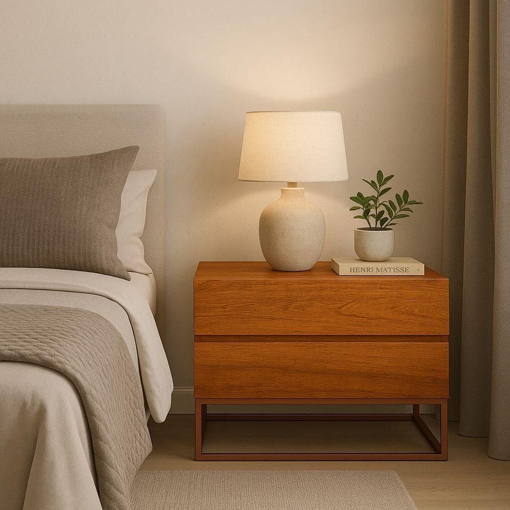 Mesa De Cabeceira Retrô Alto Padrão Com 2 Gavetas Base Cobre Naturale