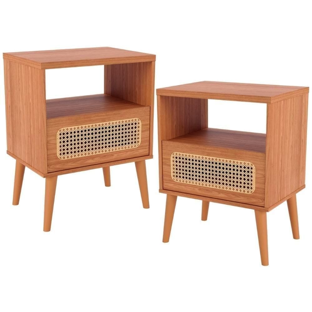 Kit 02 Mesas De Cabeceira 1 Gaveta Com Palhinha Natural Zack D03 Freijó - Lyam Decor