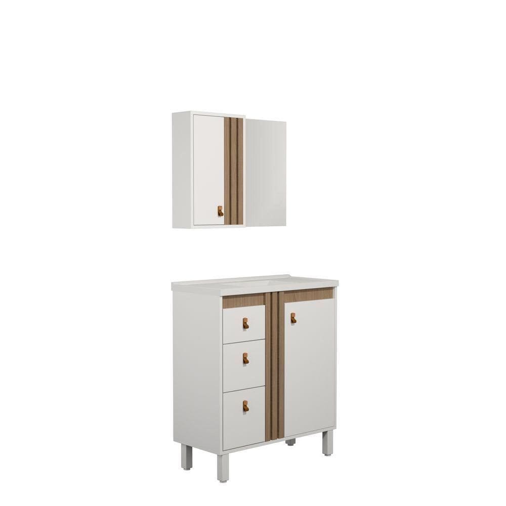 Kit Gabinete E Espelho Para Banheiro Ariel 60 Cm Com Pé Branco/jequitibá