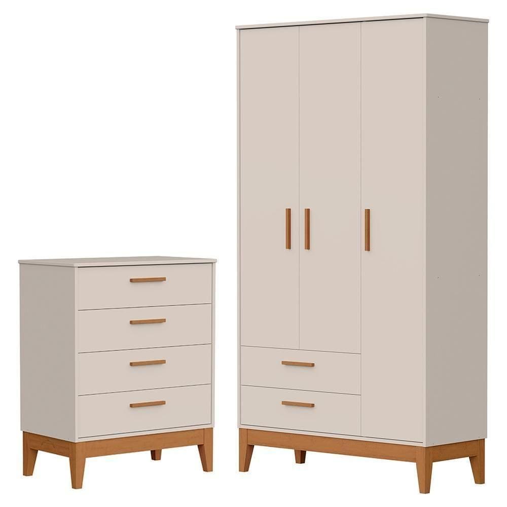 Jogo De Quarto Infantil Flip Guarda Roupa 3 Portas E Cômoda 4 Gavetas Areia Fosco - Reller Móveis Areia Fosco