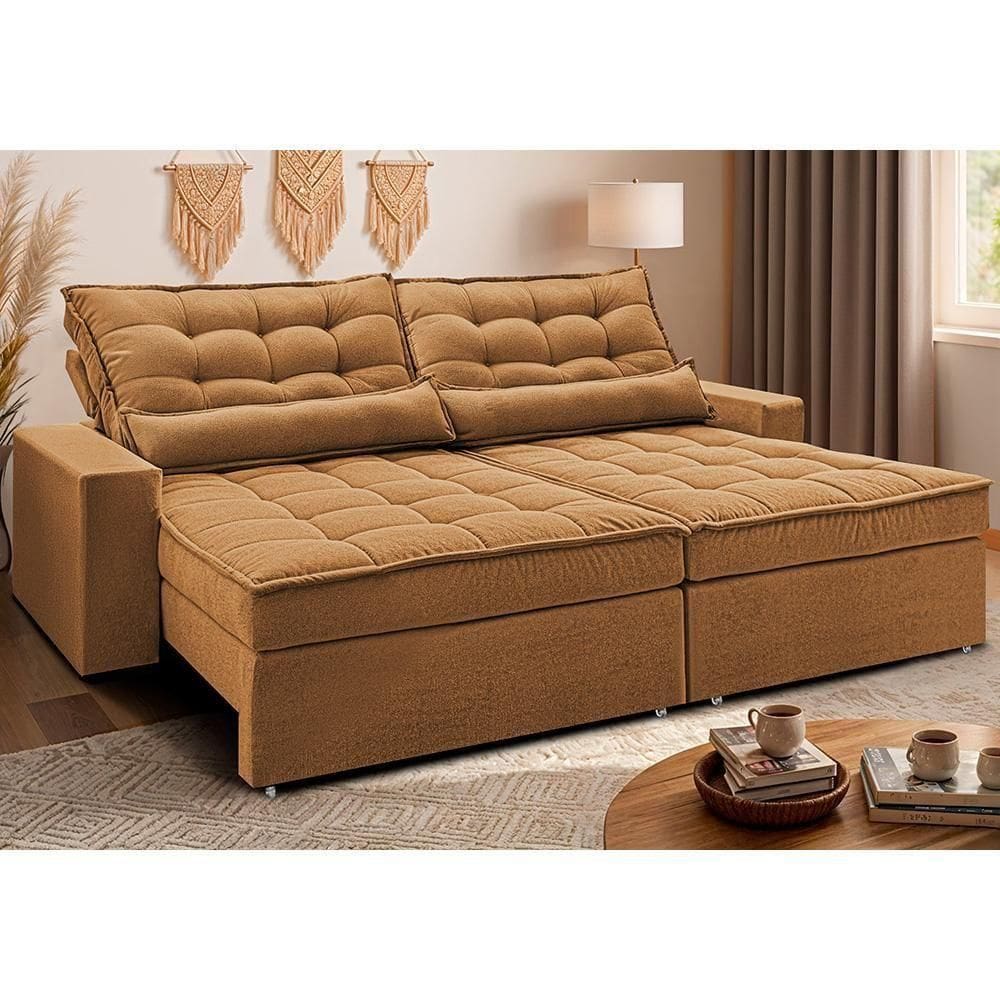 Sofá Retrátil E Reclinável 2,52m Molas Ensacadas Belle. Boucle Cama Inbox Caramelo.